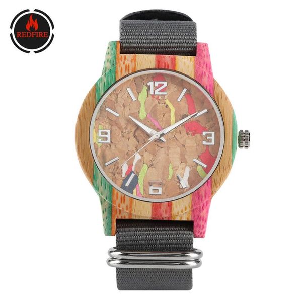 

redfire irregular color corkwood men watch natural wooden watches women's nylon wristwatch quartz timepiece gift reloj masculino, Slivery;brown