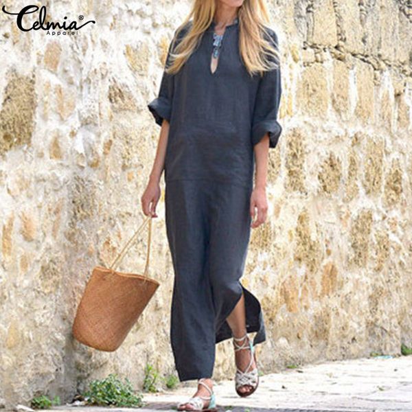 

plus size dress celmia women retro linen dress 2019 summer v neck long sleeve pockets casual loose long maxi vestidos robe, Black;gray