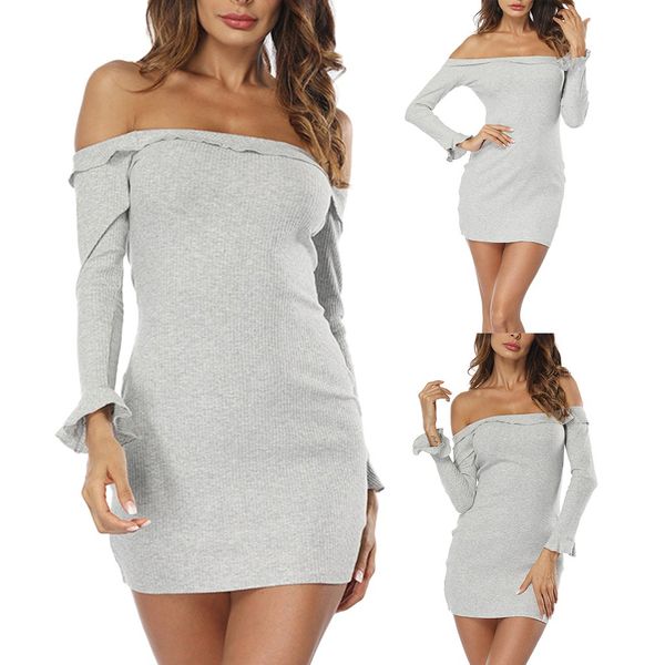 

2019 womens' fashion one shoulder slim fit long sleeve wooden ear bag hip dress 29#, Black;gray