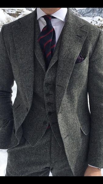 

2020 herringbone tweed grey suit for men formal business groom wedding suits for men ternos tweed jacket 3 piece tuxedo, White;black