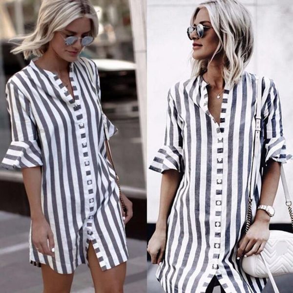 

women striped dress 2019 autumn long sleeve buttons split long maxi dresses female casual plus size vestidos1, Black;gray