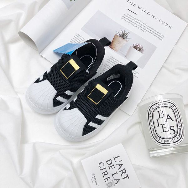 

breathable air mesh superstar style kids shoes slip-on light weight striped boys girls sneakers shell head children shoes t200507, Black;red