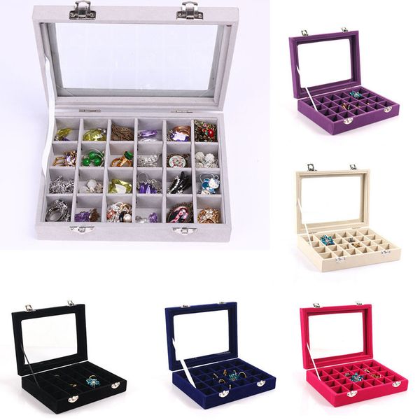 

24 grids velvet with glass box for packing jewelry for rings earrings colar jewelry organizer joyeros organizador de joyas, Pink;blue
