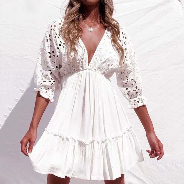 

party dresses woman clothing v neck hollow out white beach sundress women batwing sleeve lace mini dresses party vestidos 2019, Black;gray