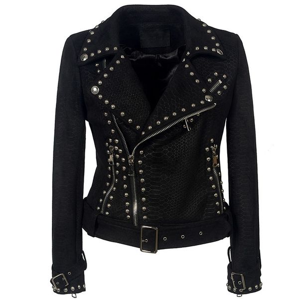

women's leather & faux lapel zipper studded motorcycle jackets women slim fashion outwear, Black