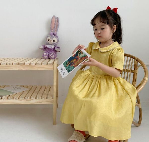

retail 2020 summer baby girls korea satin dress, princess kids elegant yellow party clothing 1-6t t200424, Red;yellow