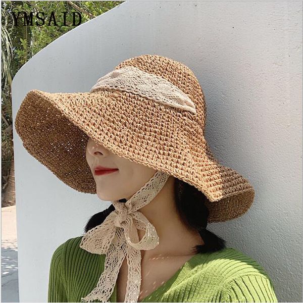 

ymsaid new fashion handmade straw hat women summer sun visor sun hat lace foldable bucket cap female summer straw beach, Blue;gray