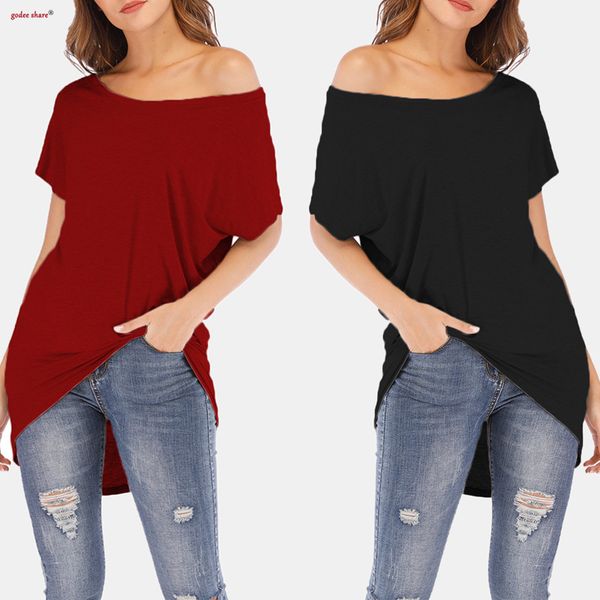 

women's t-shirt summer t shirt female clothing casual solid short sleeve strapless irregular women t-shirts plus size tees costume, White