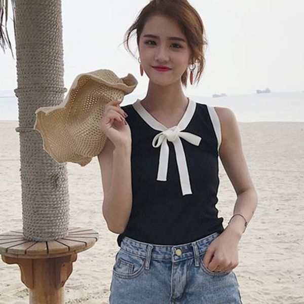 

women bow summer casual tank v-neck female girl tank party club wearing, White