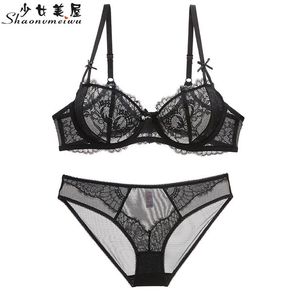 

shaonvmeiwu прозрачный сексуальный кружевной бюстгальтер набор. тонкий бюстгальтер с большой грудью делает вид меньше, Red;black