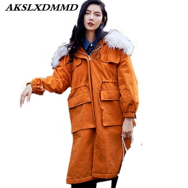 

2018 women winter cotton coat hooded fur collar outerwear loose large size winter cotton jacket thick warmth long parkas cw094, Black