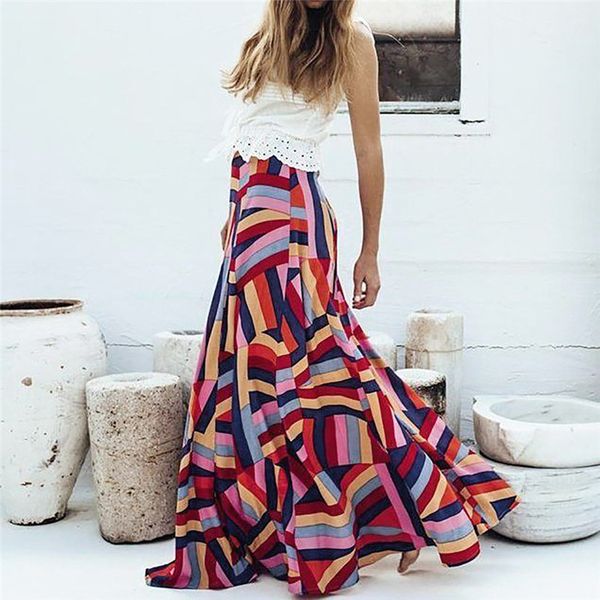 

bohemian geometric print zippers loose ankle-length skirt fashion women beachwear party casual long maxi skirt sundress f14, Black