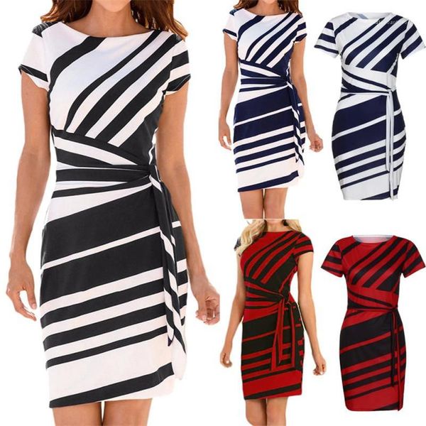 

short sleeve casual pencil dresses female slim empire clothes womens desinger striped dresses crew neck, Black;gray