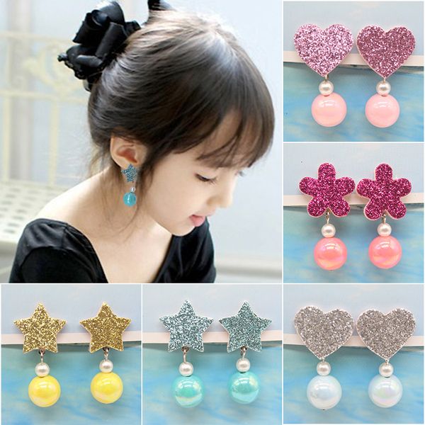 

new children earrings pink heart and star flower shape lovely pearl earrings for girls without ear hole clip, Silver