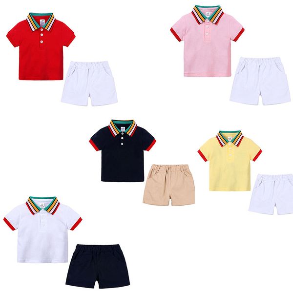 

2020 summer baby boys casual wear set short sleeve rainbow striped collar t shirt shorts toddler kids street outfit, White