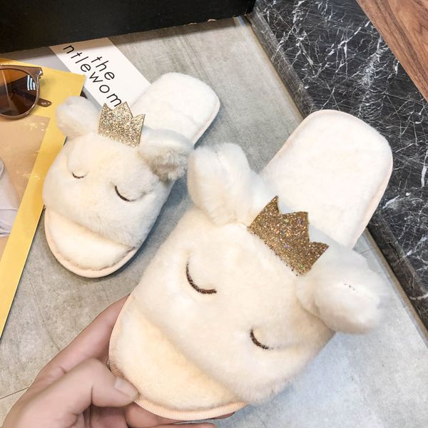 

winter fashion women home slippers faux fur warm shoes woman slip on flats female slides cute fur house slippers, Black