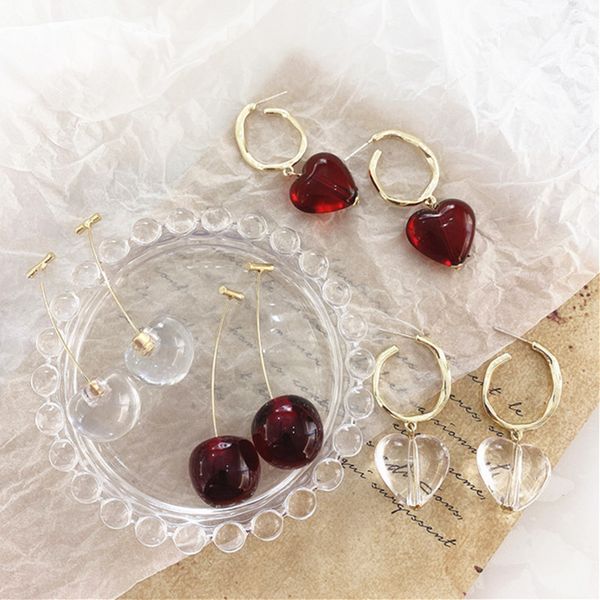 

2020 new fashion korea acrylic transparent crystal heart shape red cherry clear balls gold metal circle earrings, Golden;silver