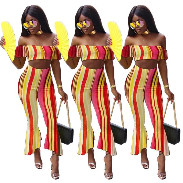 

модные 2 шт. наборы женской одежды сексуальный слинг, завернутый в грудь, в полоску, фальбала-рог повседневный костюм, идеально подходящий д, Gray