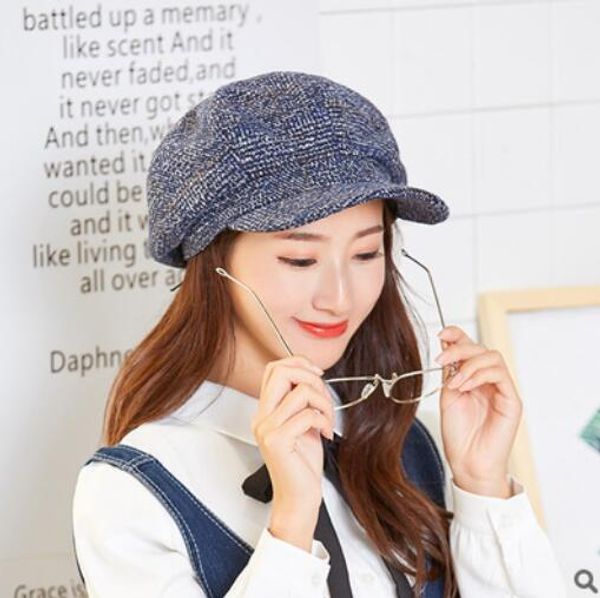 

fashion-autumn/winter designer women berets, korean version, painter, bud hat, vintage newspaper boy, plaid pumpkin hat, Blue;gray
