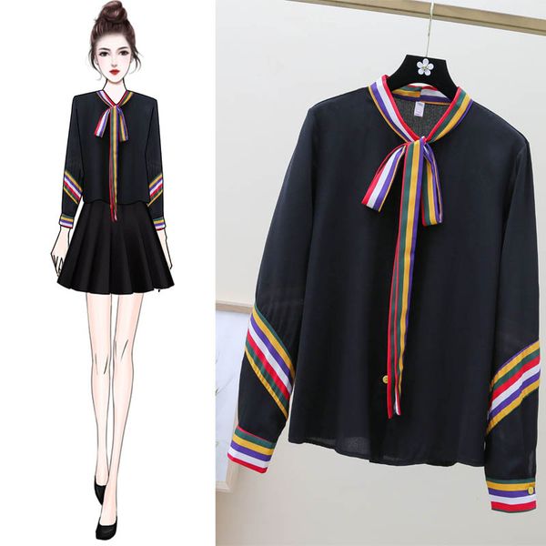 

women's blouses & shirts zoki black women fashion striped print silk long sleeve bow spring female blouse causal bandage ladies blusas, White