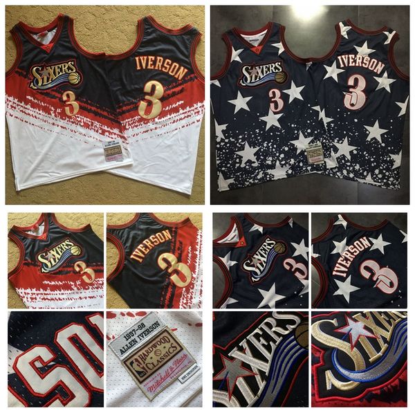 

men philadelphia 76ers 3 allen iverson mitchell & ness hardwoods classics 1997-98 independence day swingman jersey, Black;red