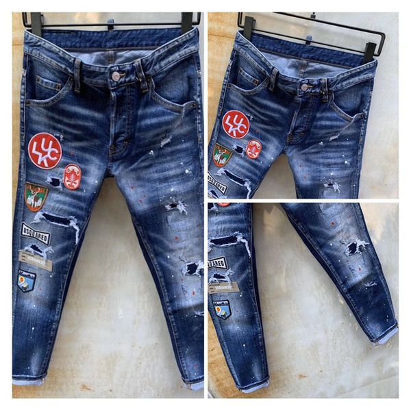 

мужчины s дизайнер джинсы рок-н-ролл возрождение высокого класса квадратных джинсы обтягивающие краска марки черные брюки мужские бегуны муж, Blue