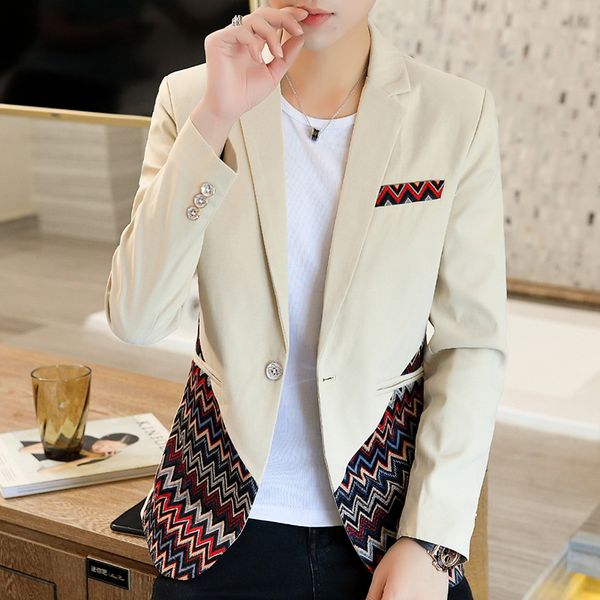

2020 new korean slim mens suits blazers spring fashion contrast color plaid splicing pattern slim casual men blazer jacket, White;black
