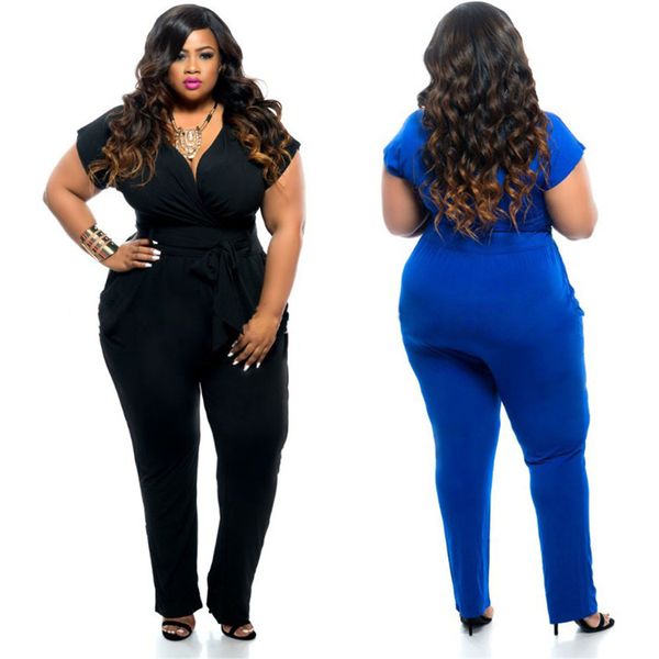 

plus-size v-neck women's clothing sales in europe and the united states in summer solid color jumpsuit, Black;white