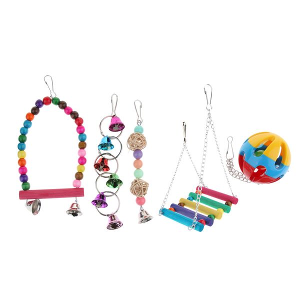 

5pcs parrot chewing swing toys rattan ball string bells perches