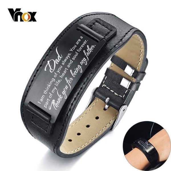 

vnox assorted to dad bracelet personalized father's day gift for him custom stainless steel tag genuine leather bangle wristband, Black