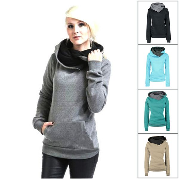 

fashion-women hoodies high collar long sleeve fleece with pocket selling colorful pluse size warmly ladies hooded, Black