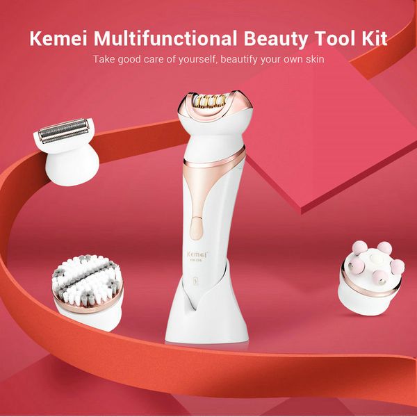 

2016 kemei 296 4 in 1 kit women shaver electric hair removal epilator cordless rechargeable bikini trimmer with facial cleansing brush massa