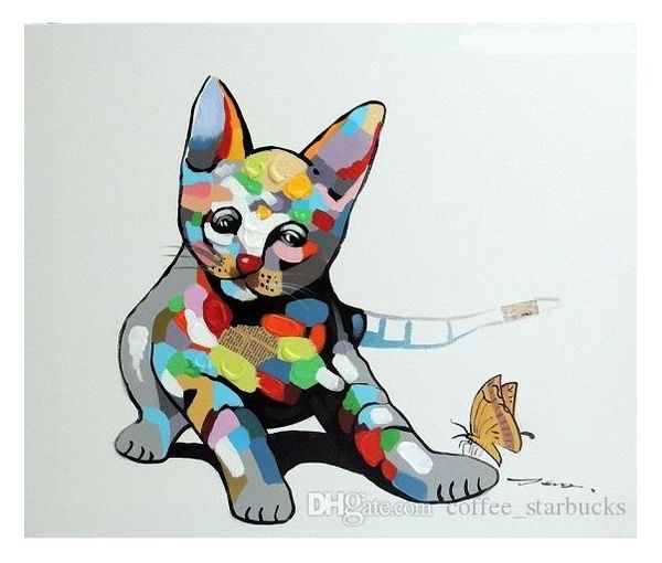 Gatinho gatinho jogando Óleo misto mídia moderna pop art pintado à mão desenho animado animal arte pintura a óleo sobre lona multi tamanho j033