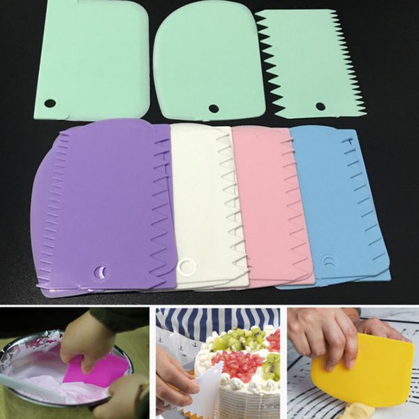 

3pc baking pastry tools plastic dough knife icing fondant scraper decorating plain smooth jagged edge spatulas cutters cake tool