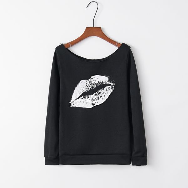 

2019 new style long sleeve autumn hoodie red lips large lips pattern oblique women's clothing on, Black