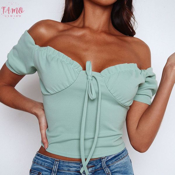 

vintage summer women casual tee shirt solid slash neck short sleeve chest lace up fold crop cotton shirt haut femme, White