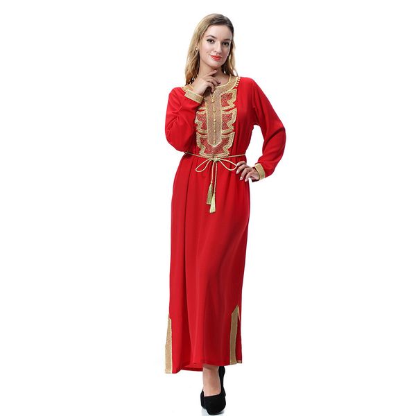 

klv women's dress 2019 muslim arab middle eastern ladies' lace-up lace-up bib long robe dress 4.16, Red
