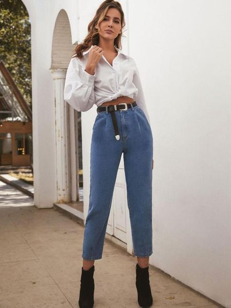

women's jeans summer slim female casual cropped pants fashion high waist, Blue
