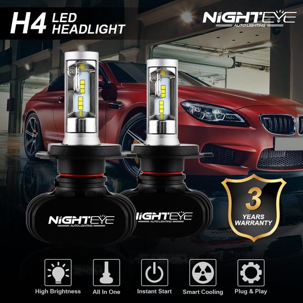 

nighteye 2pcs super bright 50w 8000lm h4 9003 hb2 auto car led high/low beam headlight bulbs 12v projector lens 6500k fog lights