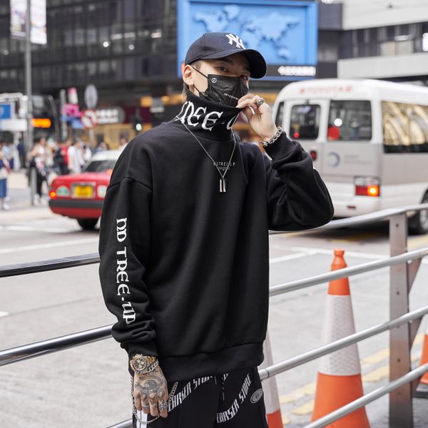 

turtleneck fleece hoodies men letter prtinted hoody man thick warm hip hop streetwear 2019 fall winter oversize loose hiphop, Black