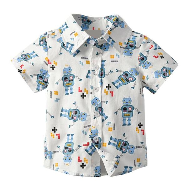 

summer cartoon robots print boys shirt turn down collar cotton kids, White;black