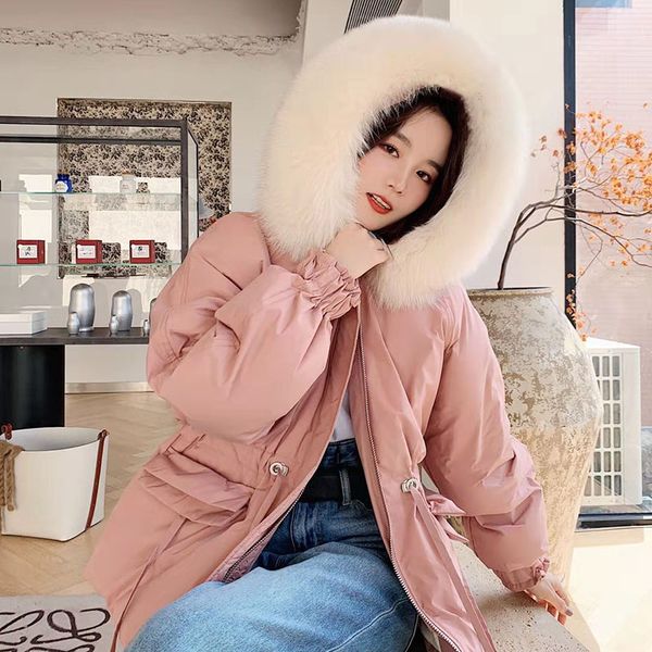 

eifurkop 100% real fur collar hood women winter warm down and cotton coat lady fur jacket with belt inside, Black
