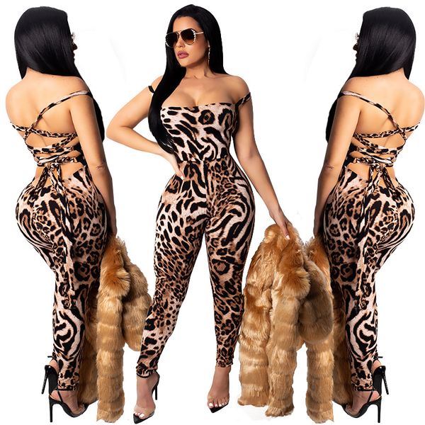 

leopard print off shoulder jumpsuit halter skinny long playsuit bandage rompers party overalls for women combinaison femme, Black;white