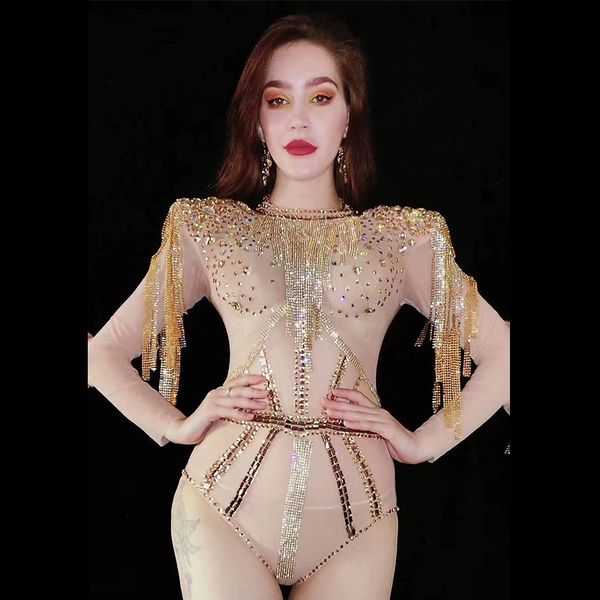 

stage wear bar nightclub women gold rhinestones tassel mesh bodysuit see through singer dancer performance costumes dt1923, Black;red