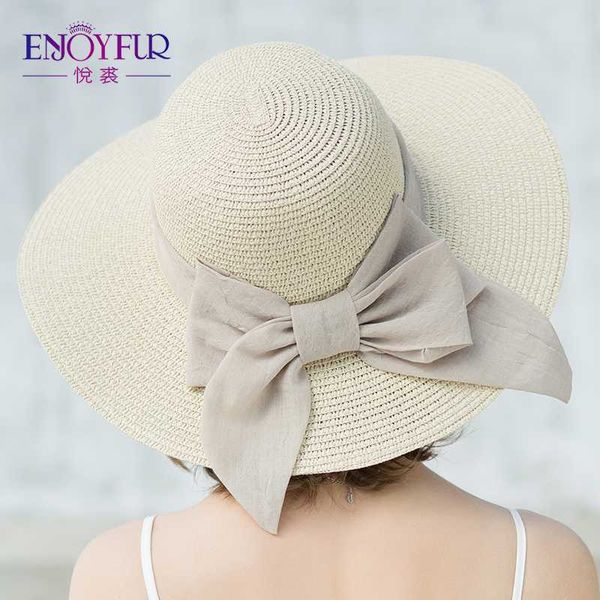 

enjoyfur bow-knot sun hats for women large brim fashion beach hat sunscreen summer caps for female, Blue;gray