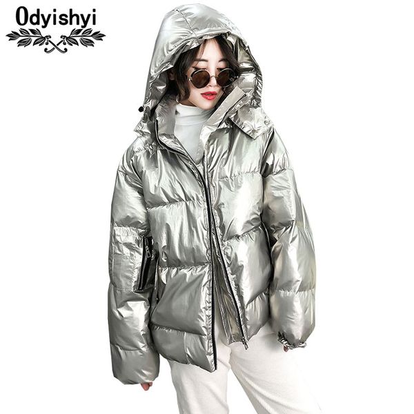 

fashion metallic silver glossy jackets women 2018 winter warm down cotton coat hooded parka solid color short jacket female h348, Black