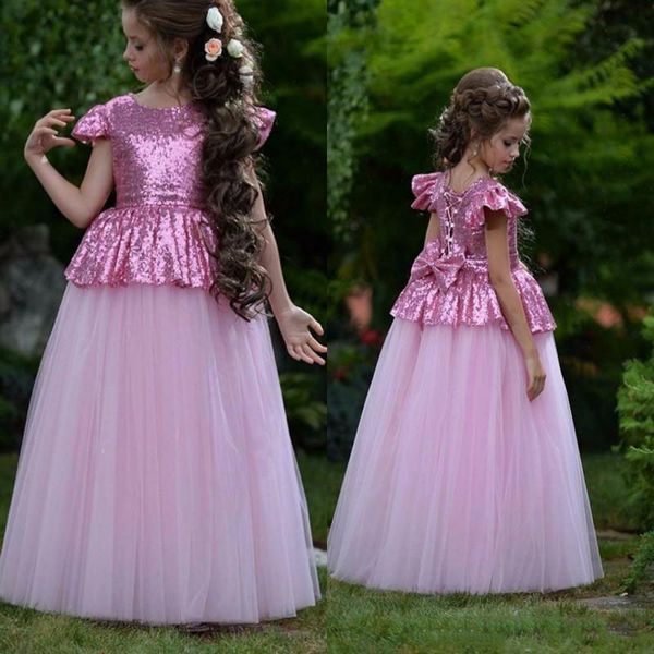 

lovely rosy pink little girls cute flower girl dresses bling sequins bow back cap sleeves peplum kids birthday communion gowns, White;blue