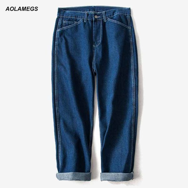 

aolamegs straight loose pants men solid jeans jogger pants straight high street fashion casual sweatpants leisure male trousers, Black