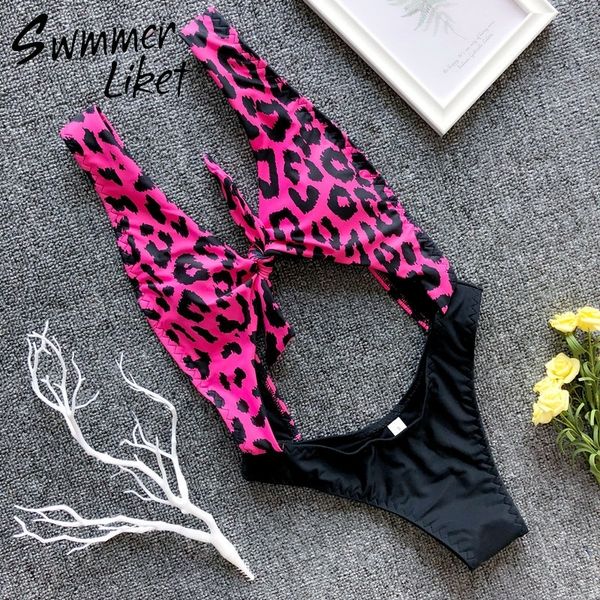 

leopard printed swimwear women 2019 new front knot bikini sets deep v neck swimsuit female high cut bodysuits one-pieces, White;black