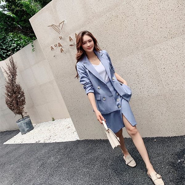 

autumn double-breasted blazer side split skirt two piece set women elegant jacket skirt outfits work blazer suits, White;black